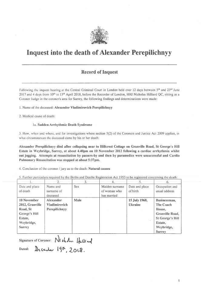 Record of Inquest - Alexander Perepilichnyy